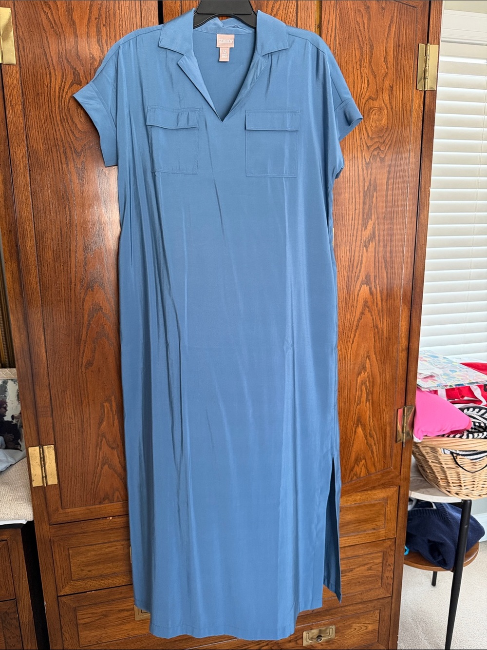 Chico's Slate Blue Short-Sleeve Maxi Shirt Dress